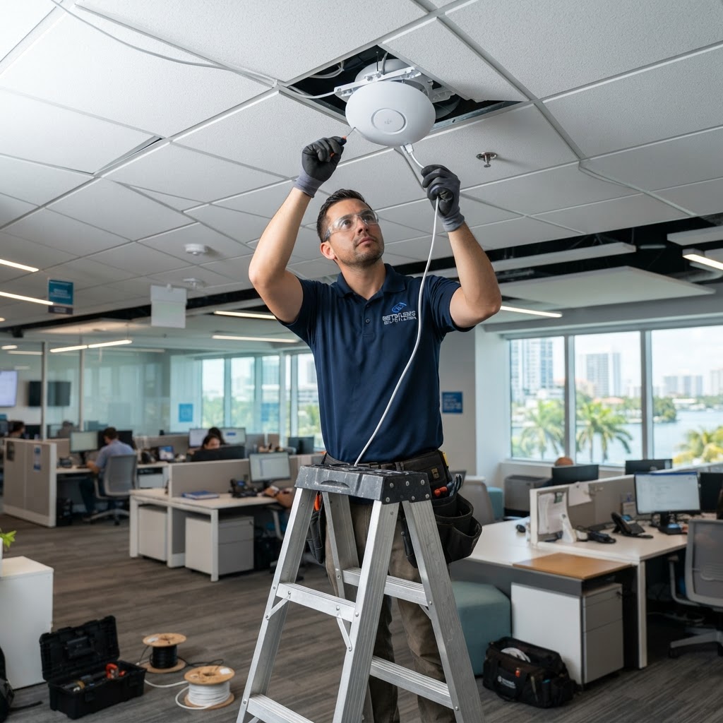 Professional enterprise WiFi installation in a Miami South Florida business office with UniFi access points