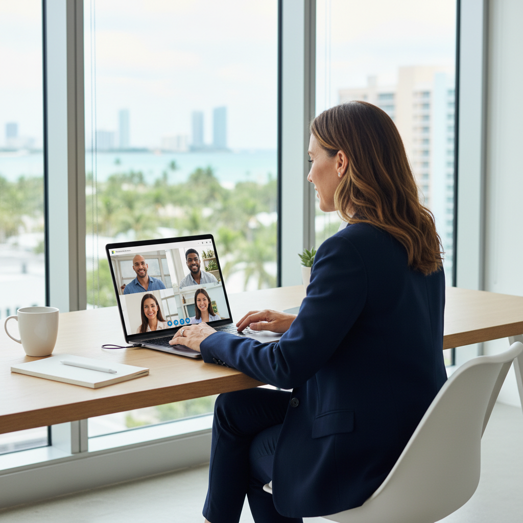 Small business team using Microsoft 365 Teams in a Miami office