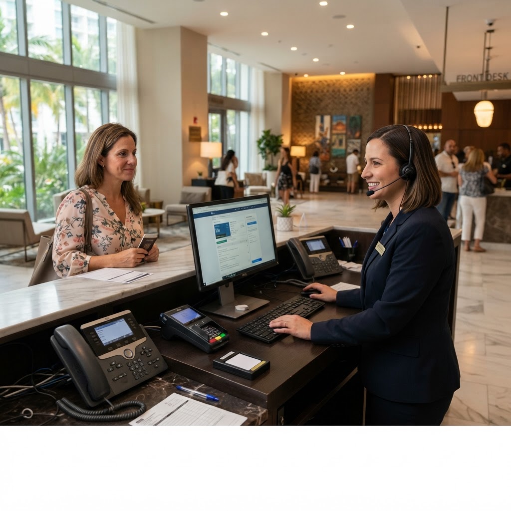 Hotel PBX system installation in a Miami South Florida hotel front desk with VoIP phones