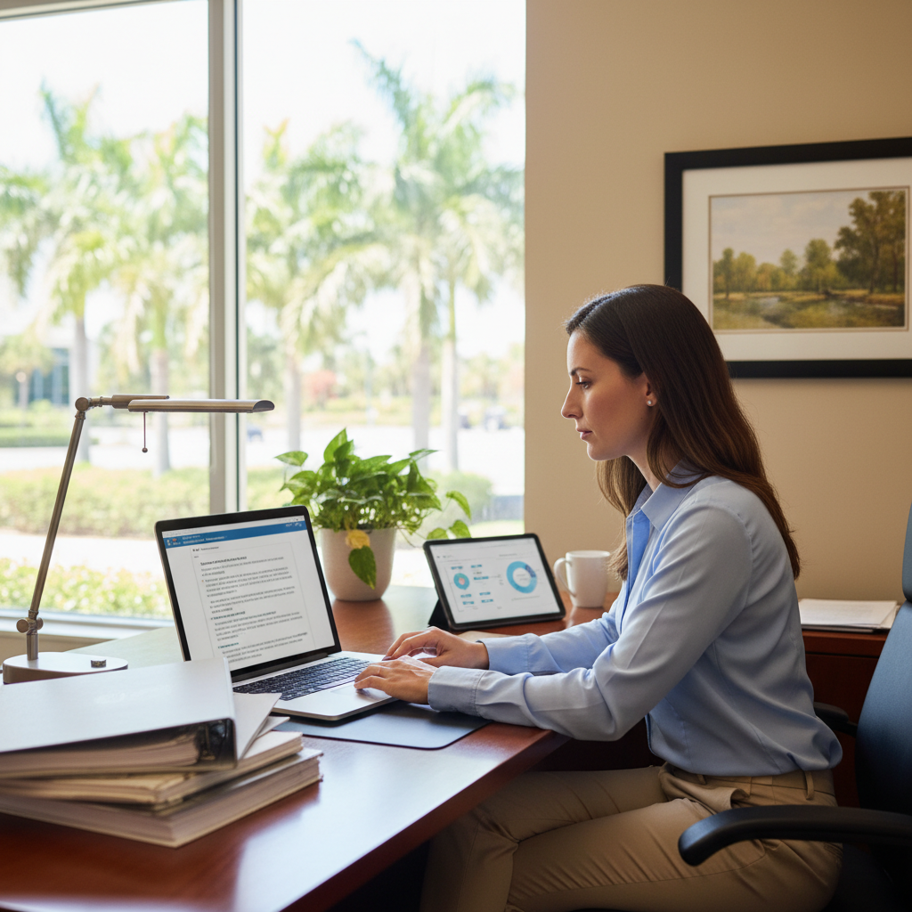 Healthcare IT compliance officer reviewing HIPAA documentation in a Miami medical office