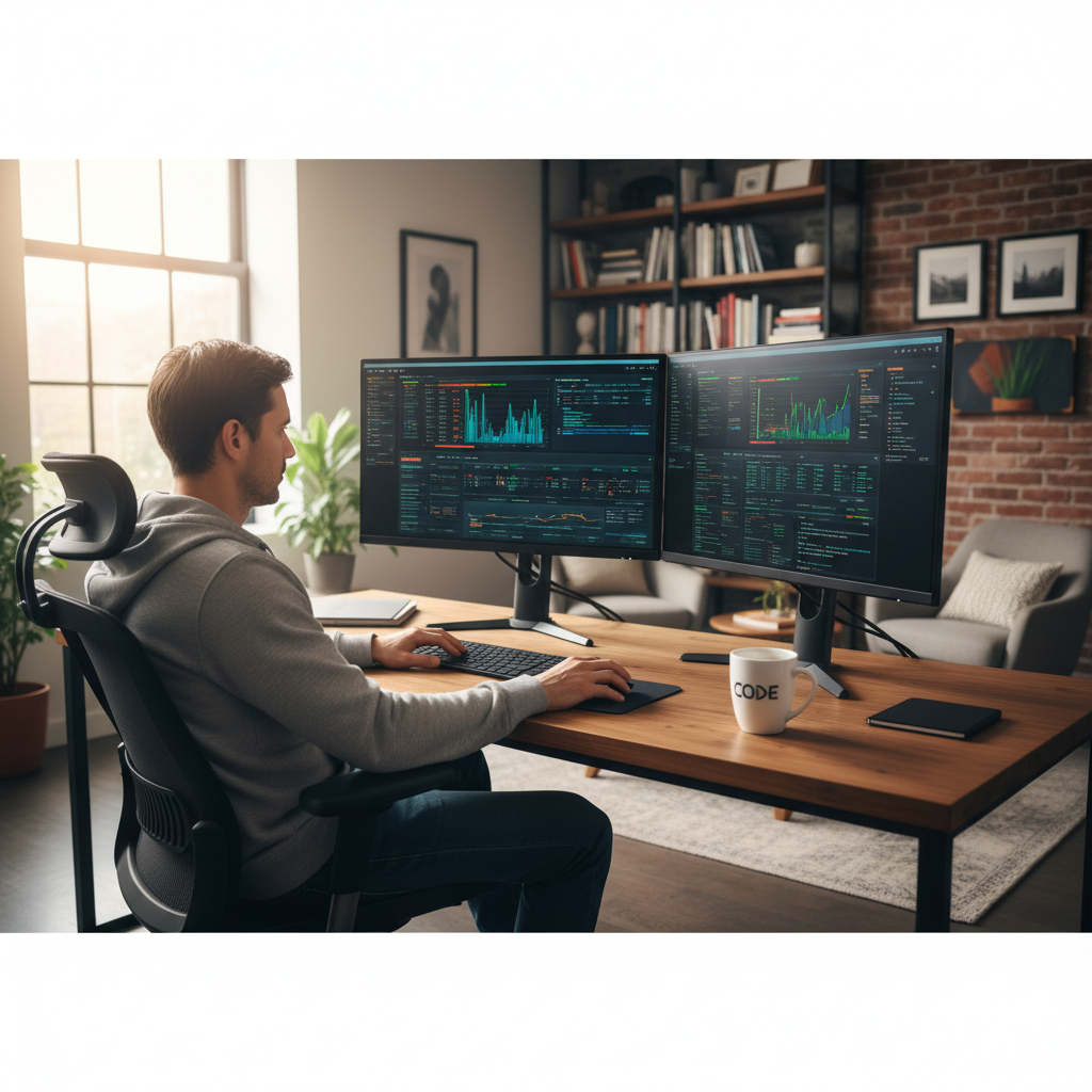 IT professional monitoring business technology systems from a home office on the weekend