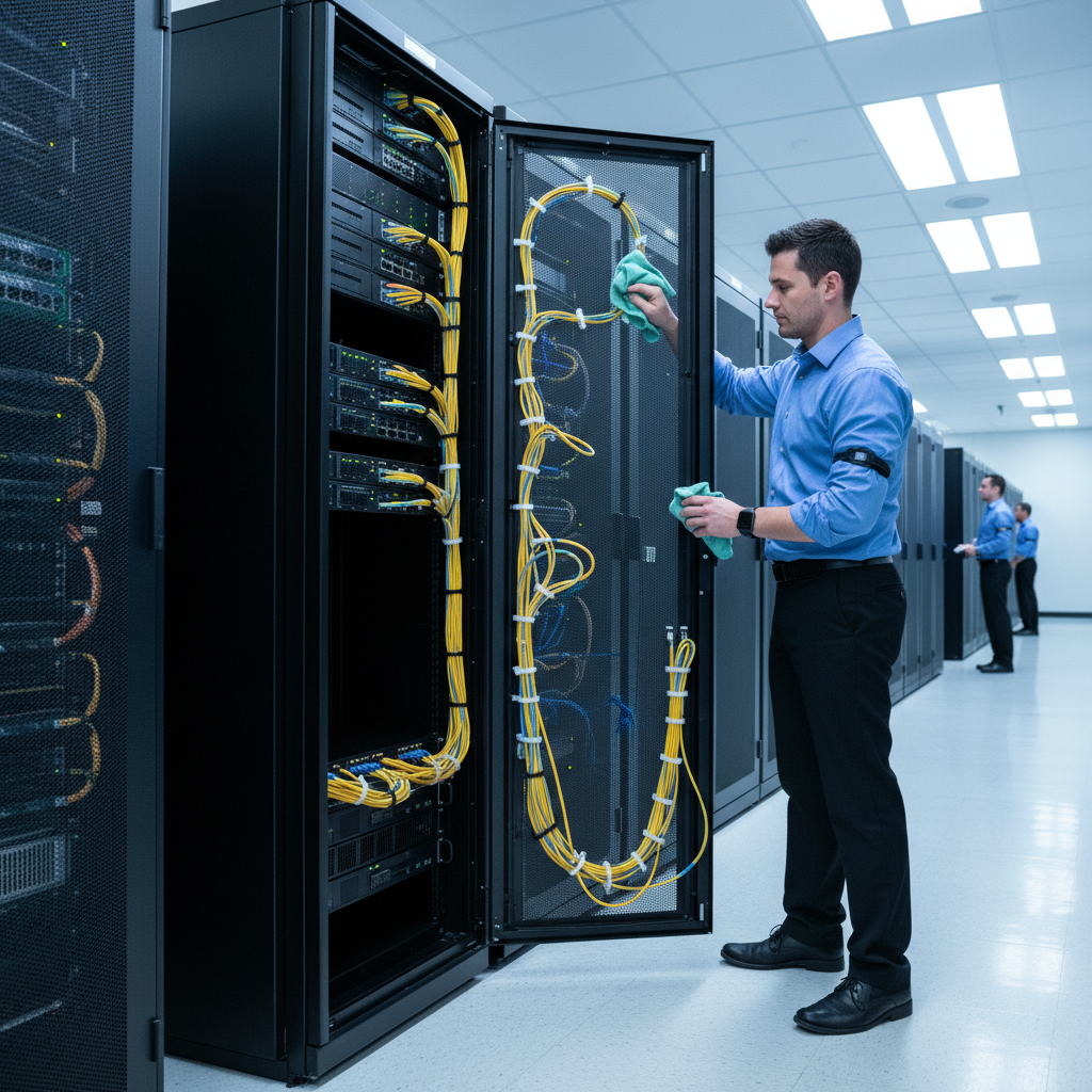 IT technician performing server rack maintenance in a small business server room in South Florida