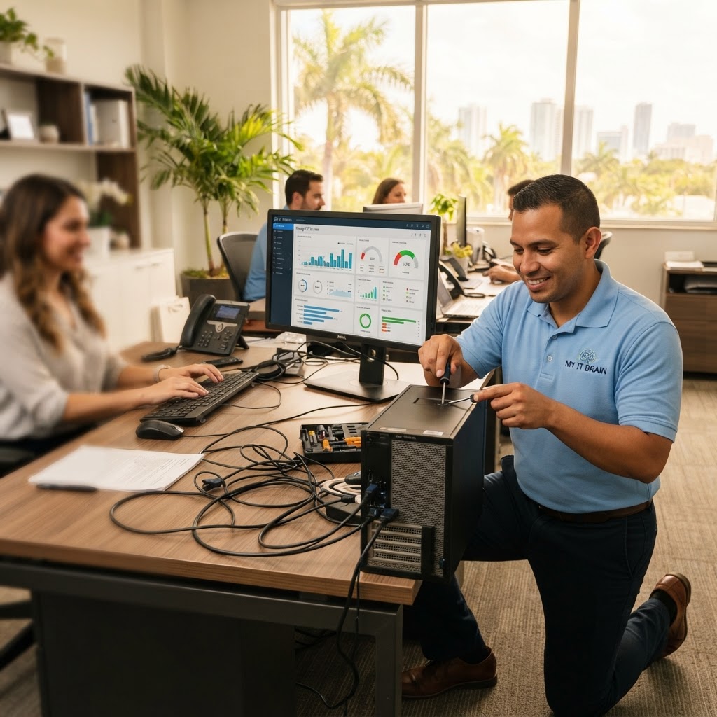 Outsourced IT Miami - South Florida business professional reviewing managed IT services dashboard with MY IT BRAIN