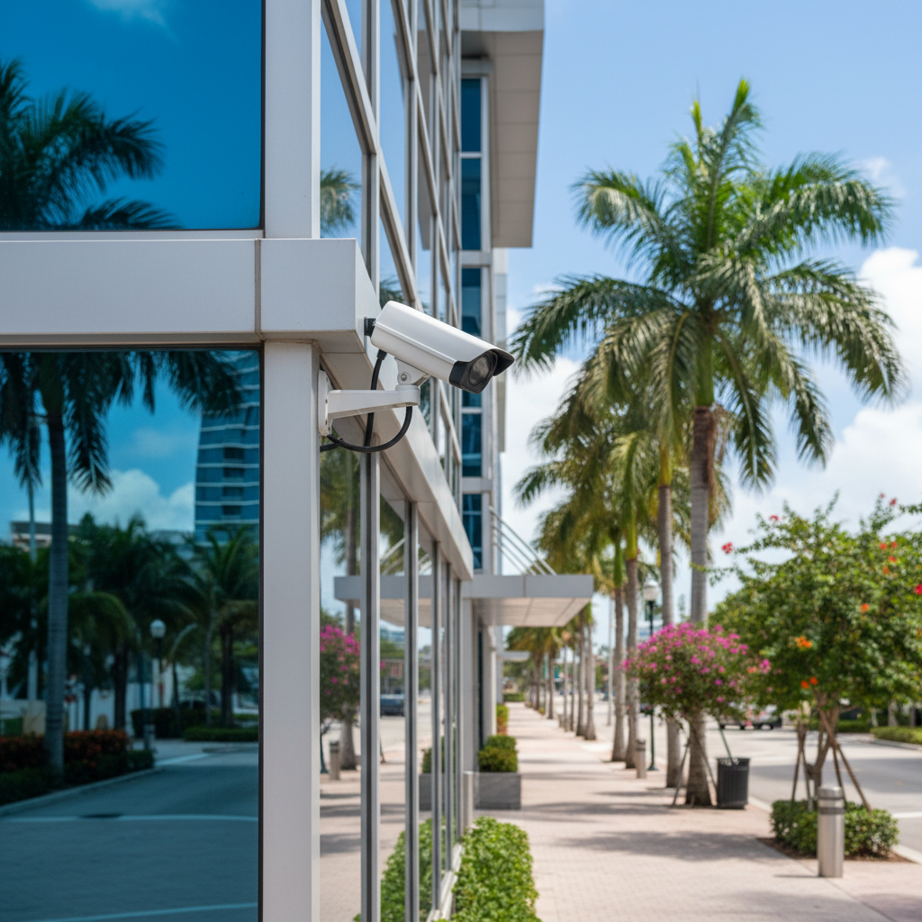 Professional video surveillance cameras installed on commercial building exterior in Miami South Florida for business security