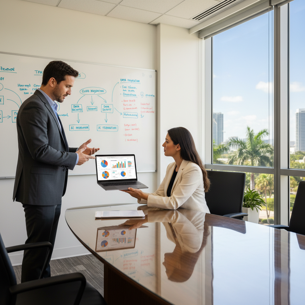 IT professionals conducting technology strategy planning session in a South Florida office