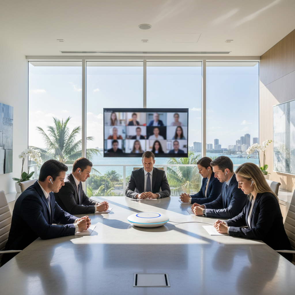 Business conference call using VoIP speakerphone in a modern Miami conference room