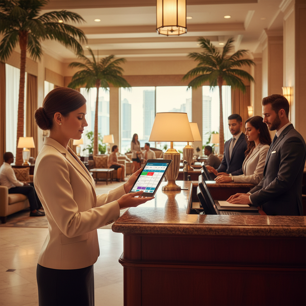Hotel concierge using property management system at Miami hotel front desk