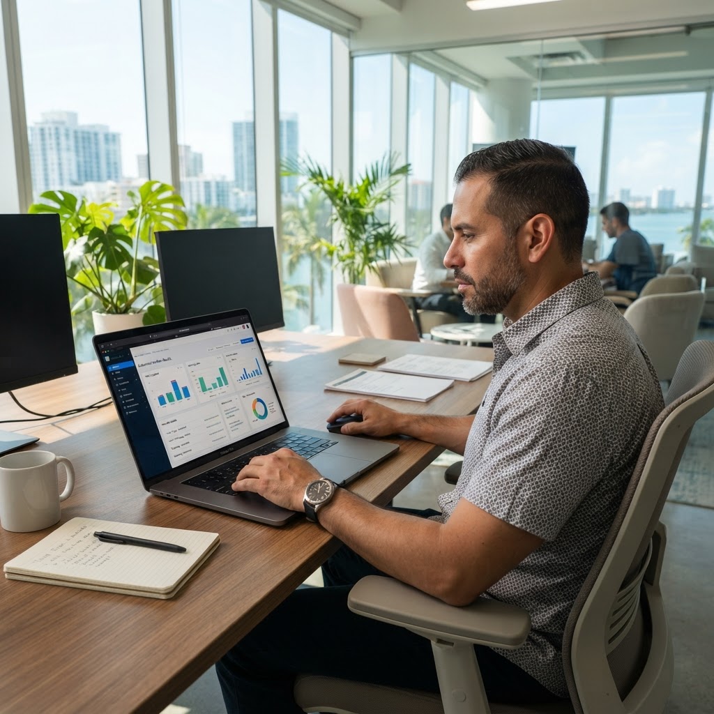 AI automation dashboard on laptop used by Miami business owner in South Florida office — MY IT BRAIN