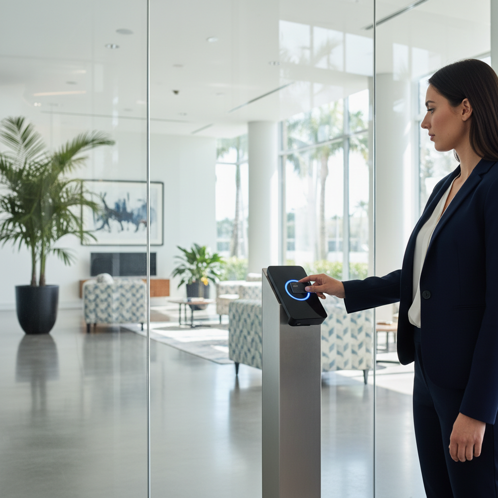 Modern access control system with keycard reader and smartphone entry in a commercial building