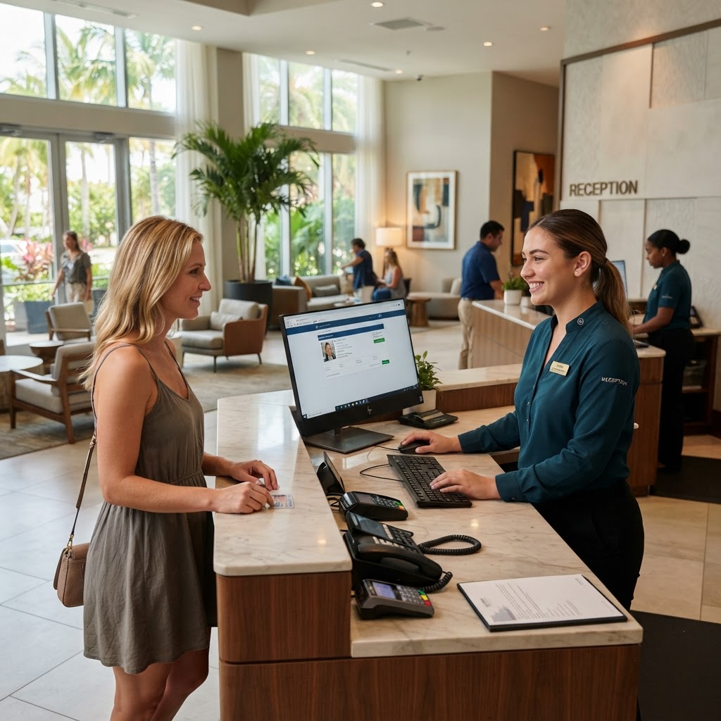 Hospitality technology Florida — hotel lobby with modern network and communication systems in South Florida