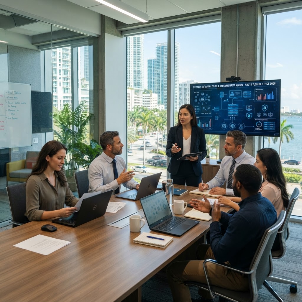 IT best practices small business team reviewing cybersecurity and network infrastructure in Miami South Florida office 2026