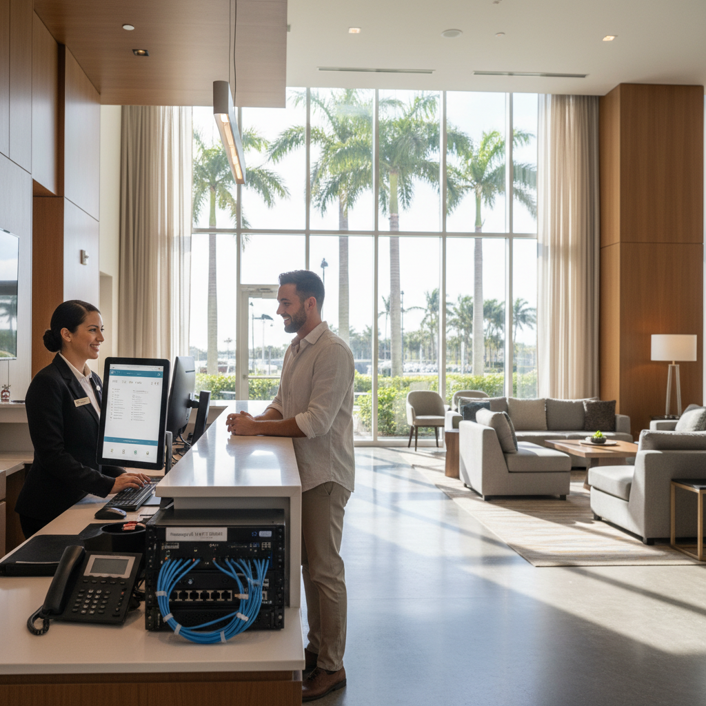 Modern hotel PBX system installed at a South Florida hotel front desk managed by MY IT BRAIN in Miami