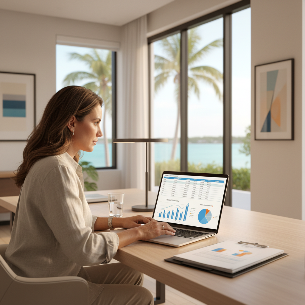 South Florida business owner reviewing IT cost savings on a laptop at a modern office desk