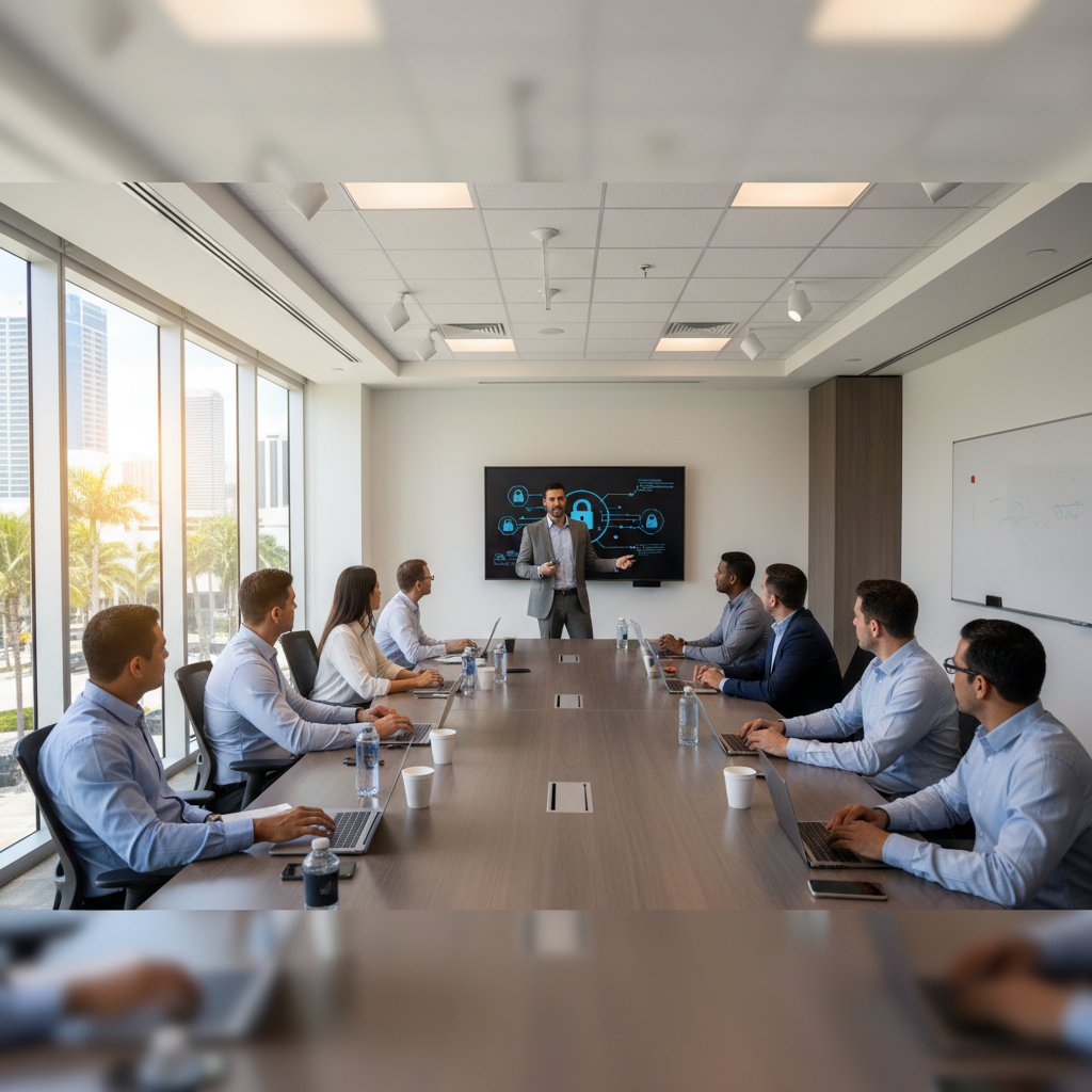Cybersecurity trainer conducting employee security awareness session in a Miami corporate office