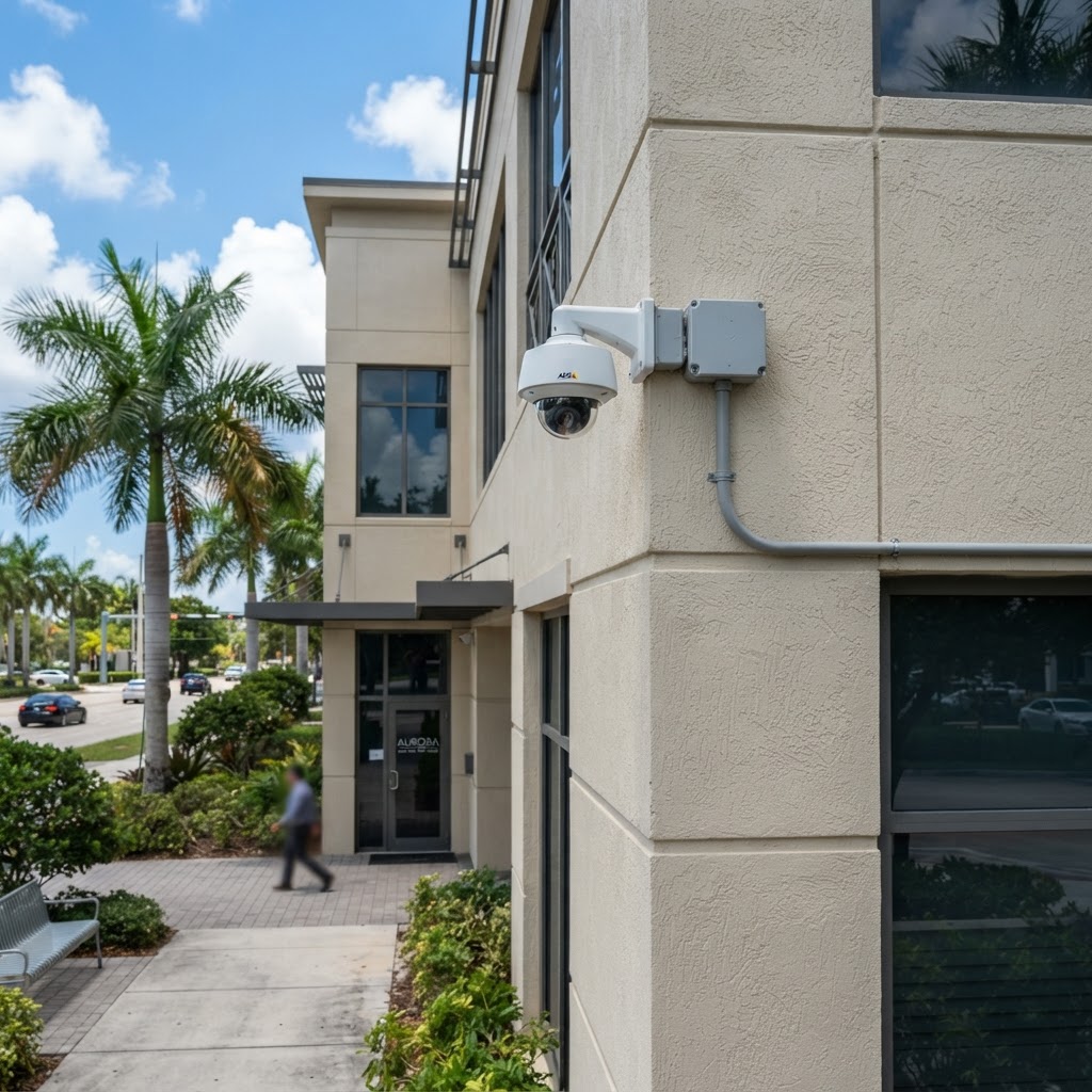 Professional CCTV installation Miami – commercial IP security cameras mounted on a South Florida business building
