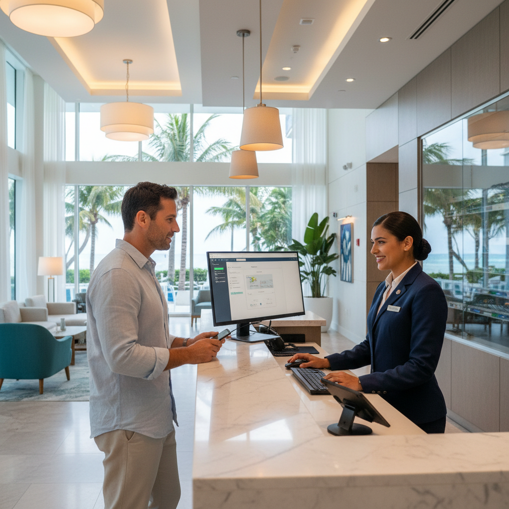 Hospitality technology Florida — hotel lobby with modern IT infrastructure and guest Wi-Fi in Miami South Florida