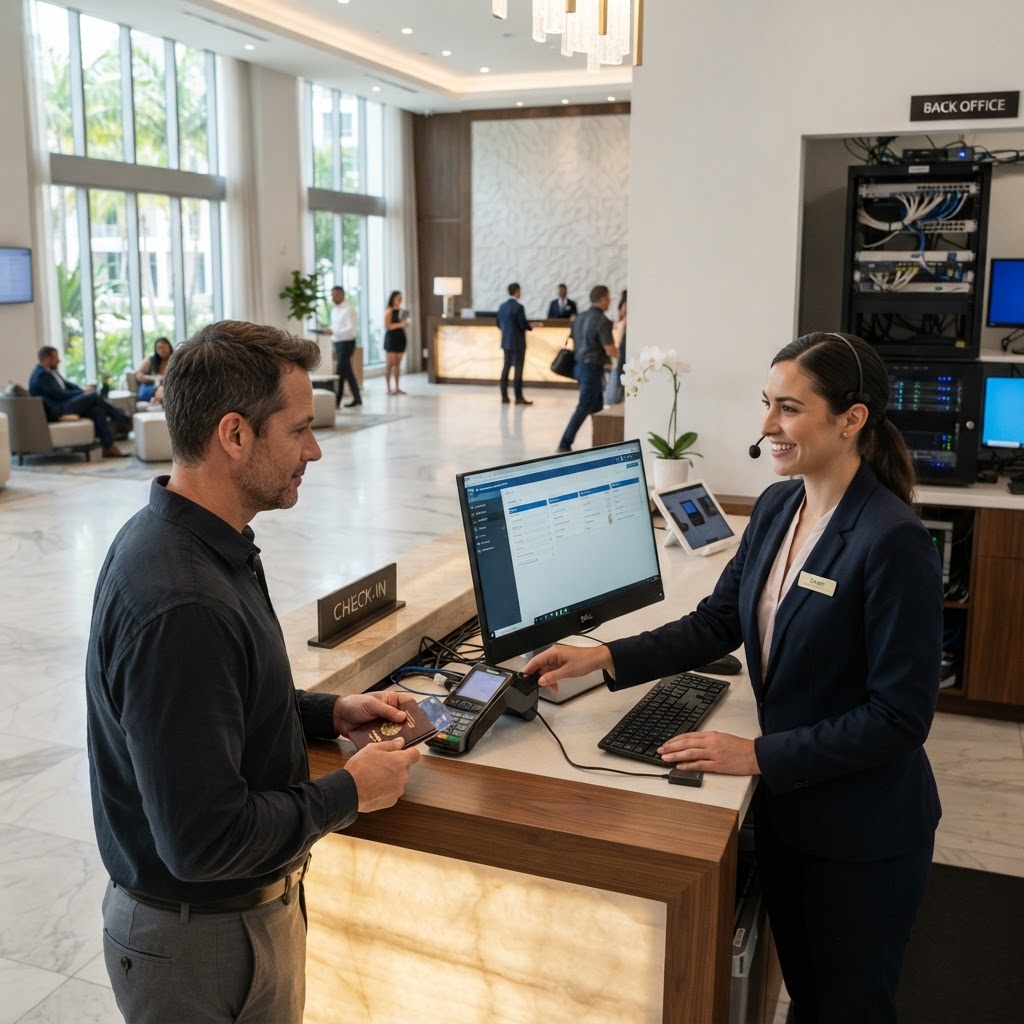 Hospitality technology Florida — hotel lobby with modern IT infrastructure, networking, and digital check-in solutions in South Florida