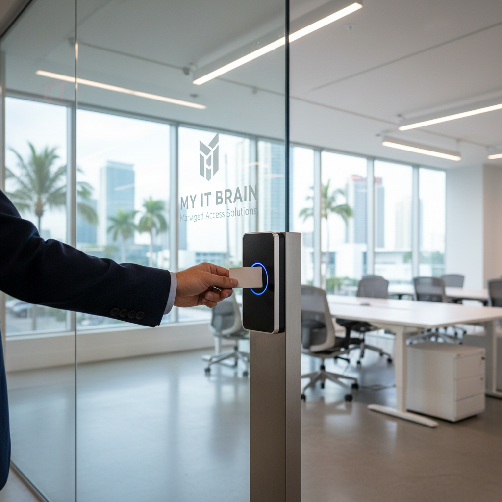 Modern access control keypad installed at a Miami business office entrance managed by MY IT BRAIN