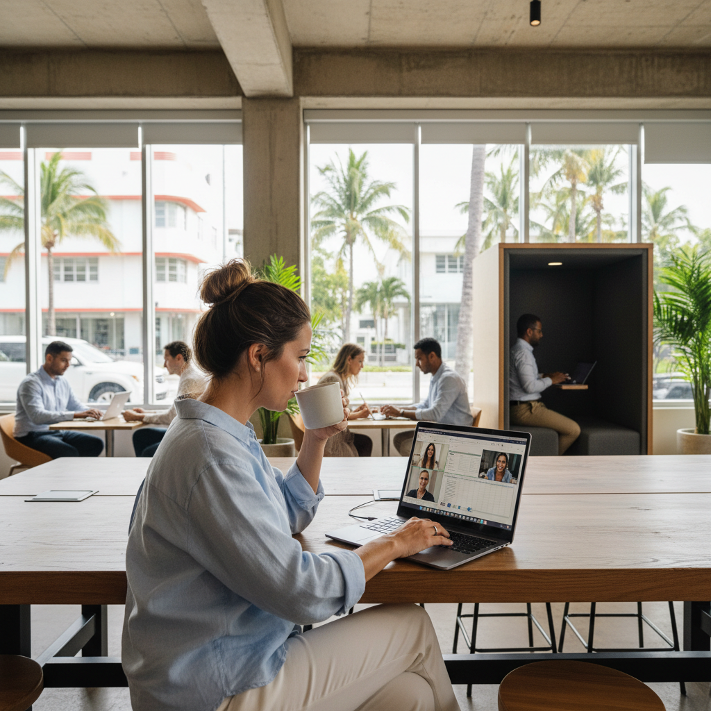 Miami professional working remotely from a co-working space using Microsoft Teams
