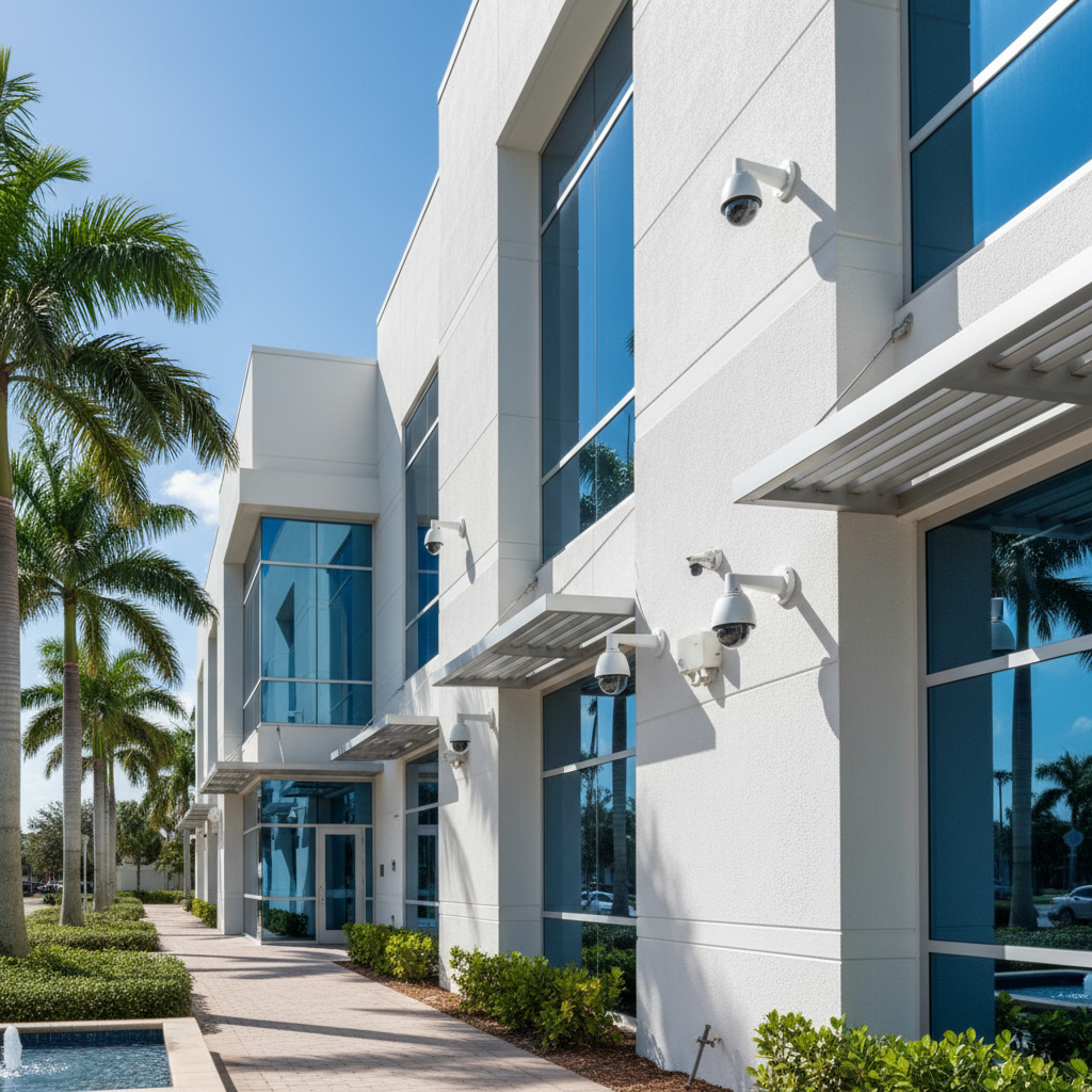IP security cameras mounted on a commercial building exterior in South Florida