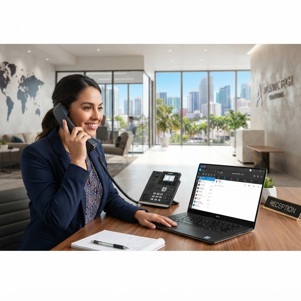 VoIP phone system setup for a Miami business office with 3CX softphone interface on laptop screen