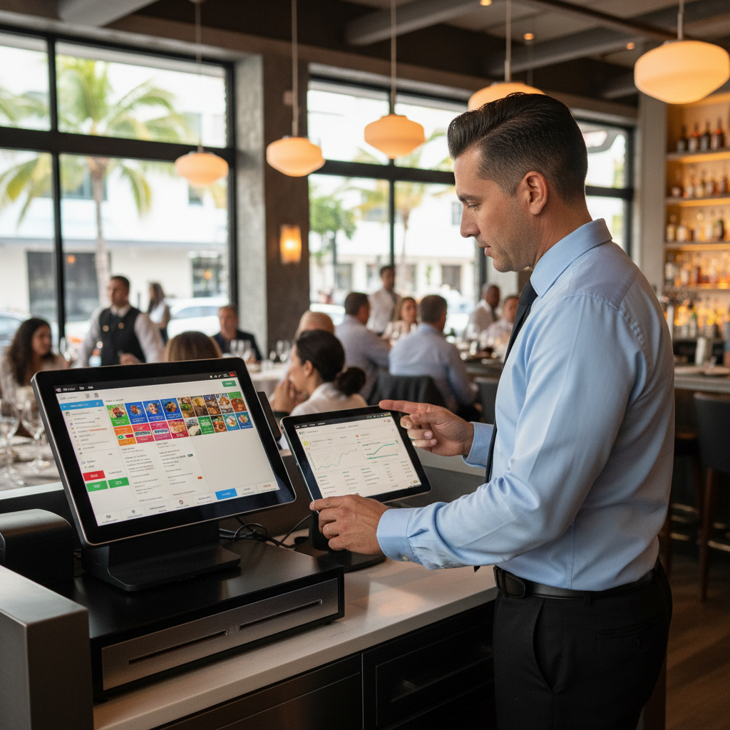 Miami restaurant manager using WiFi management system at host stand with busy restaurant in background