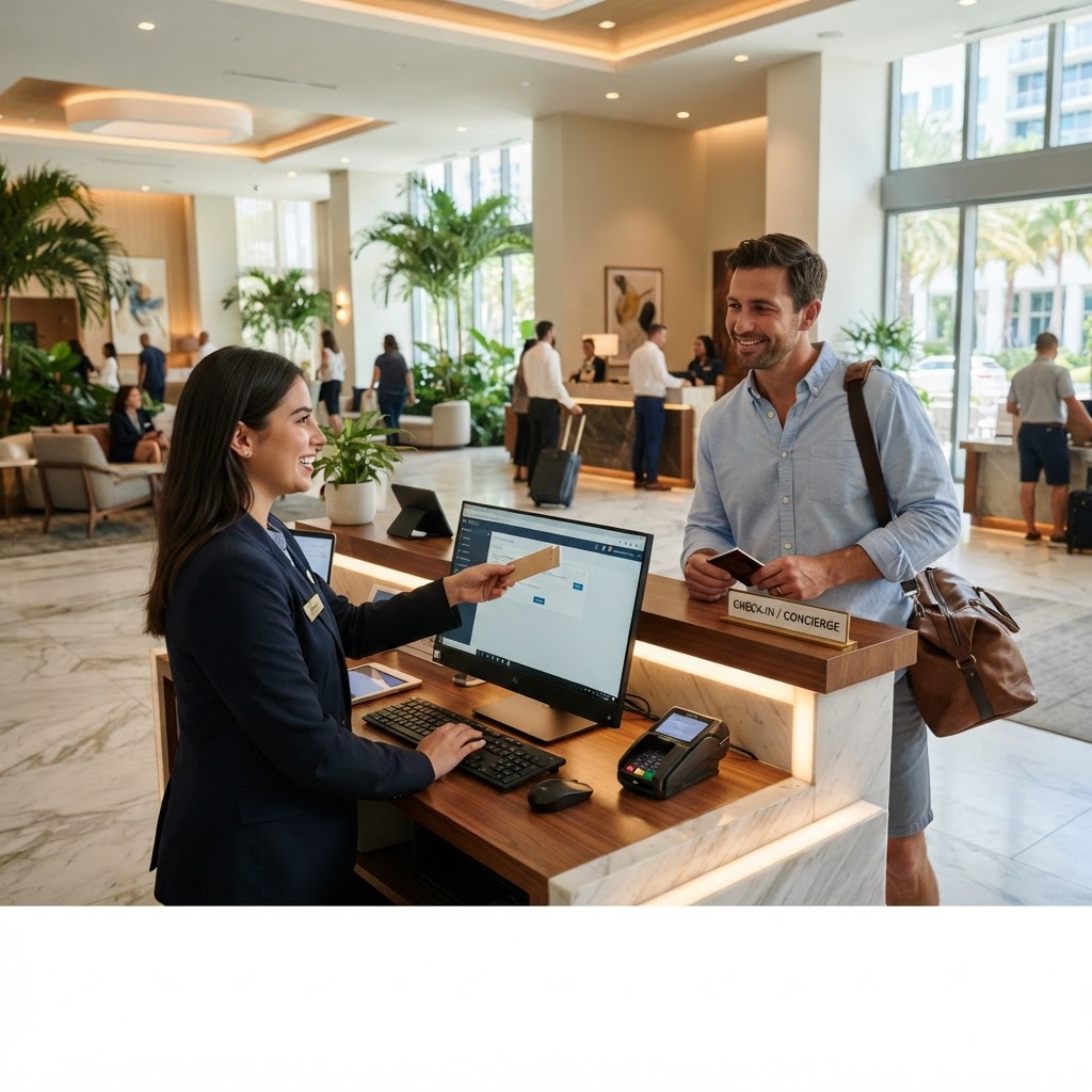 Hospitality technology Florida — modern hotel lobby with smart network and access control systems in Miami South Florida