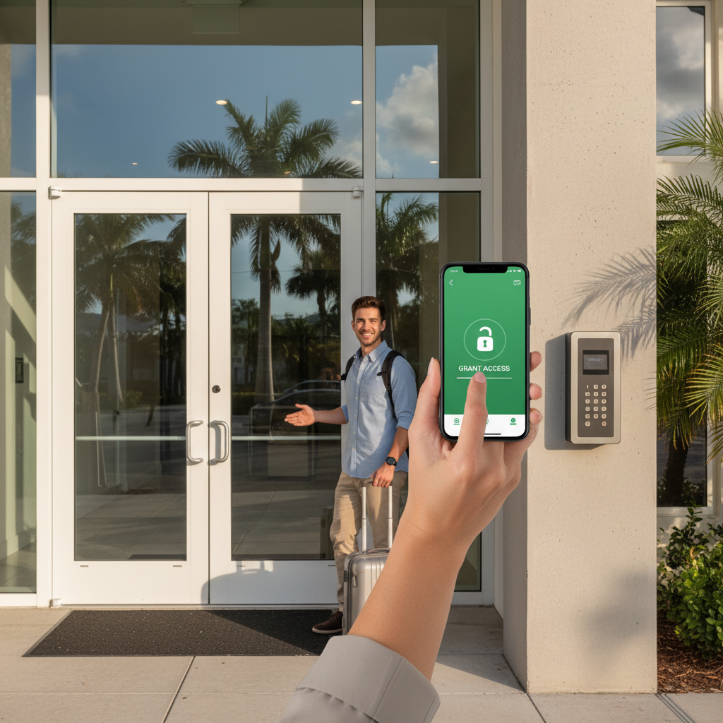 Property manager using smartphone app for keyless access control at a South Florida residential building