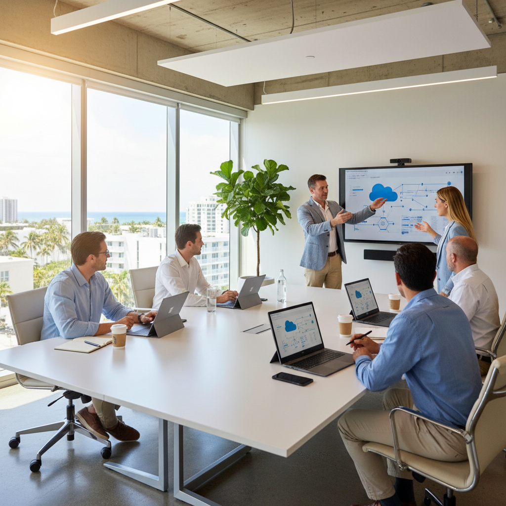 South Florida business team evaluating cloud strategy on laptops in a conference room