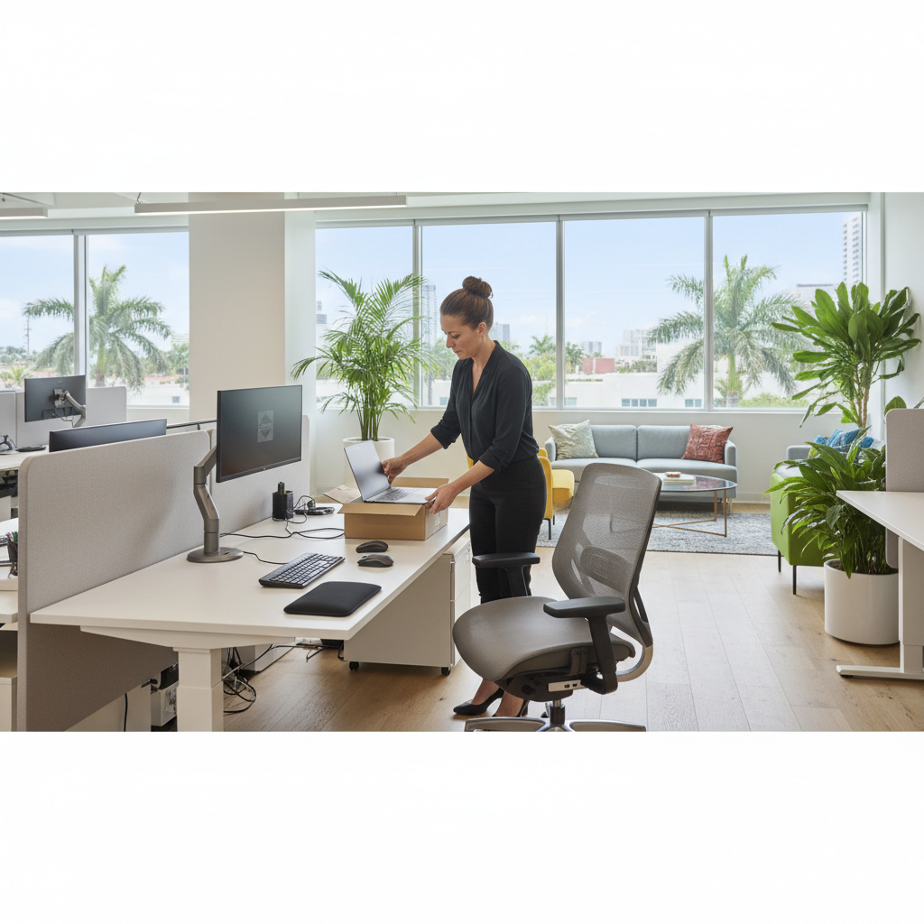 Office manager setting up a new employee workstation at a Miami small business