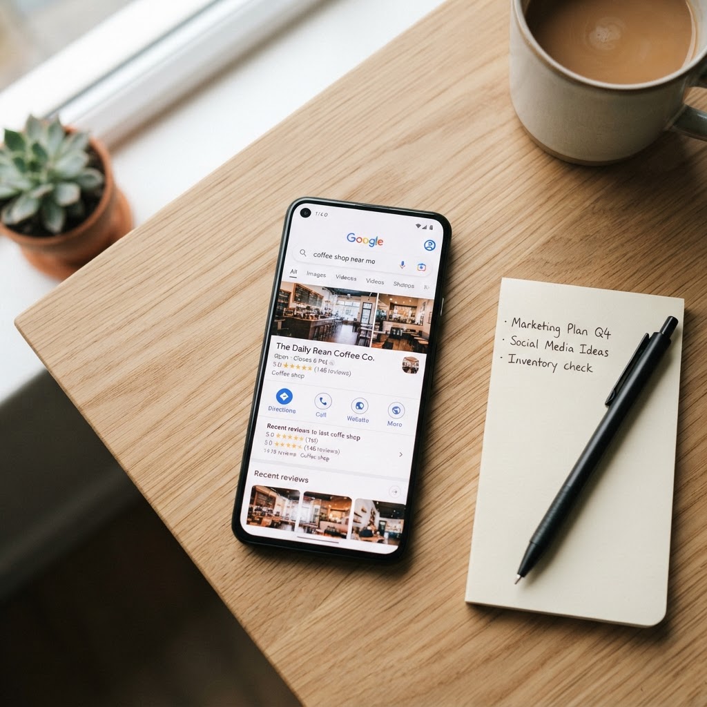 Smartphone displaying a local business listing with five star Google reviews on a wooden desk