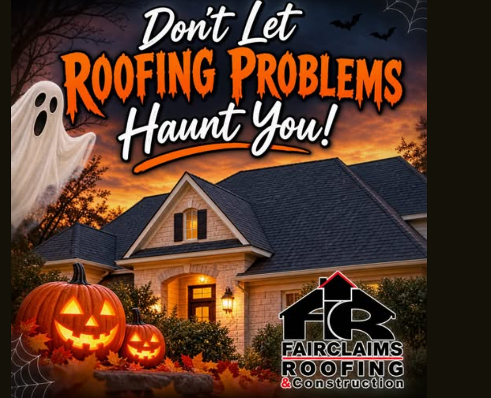 Halloween roofing flyer with pumpkins, a ghost and a generated suburban house