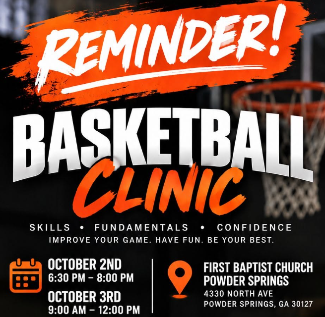 Basketball clinic flyer with orange banners over a blurred stock court photo