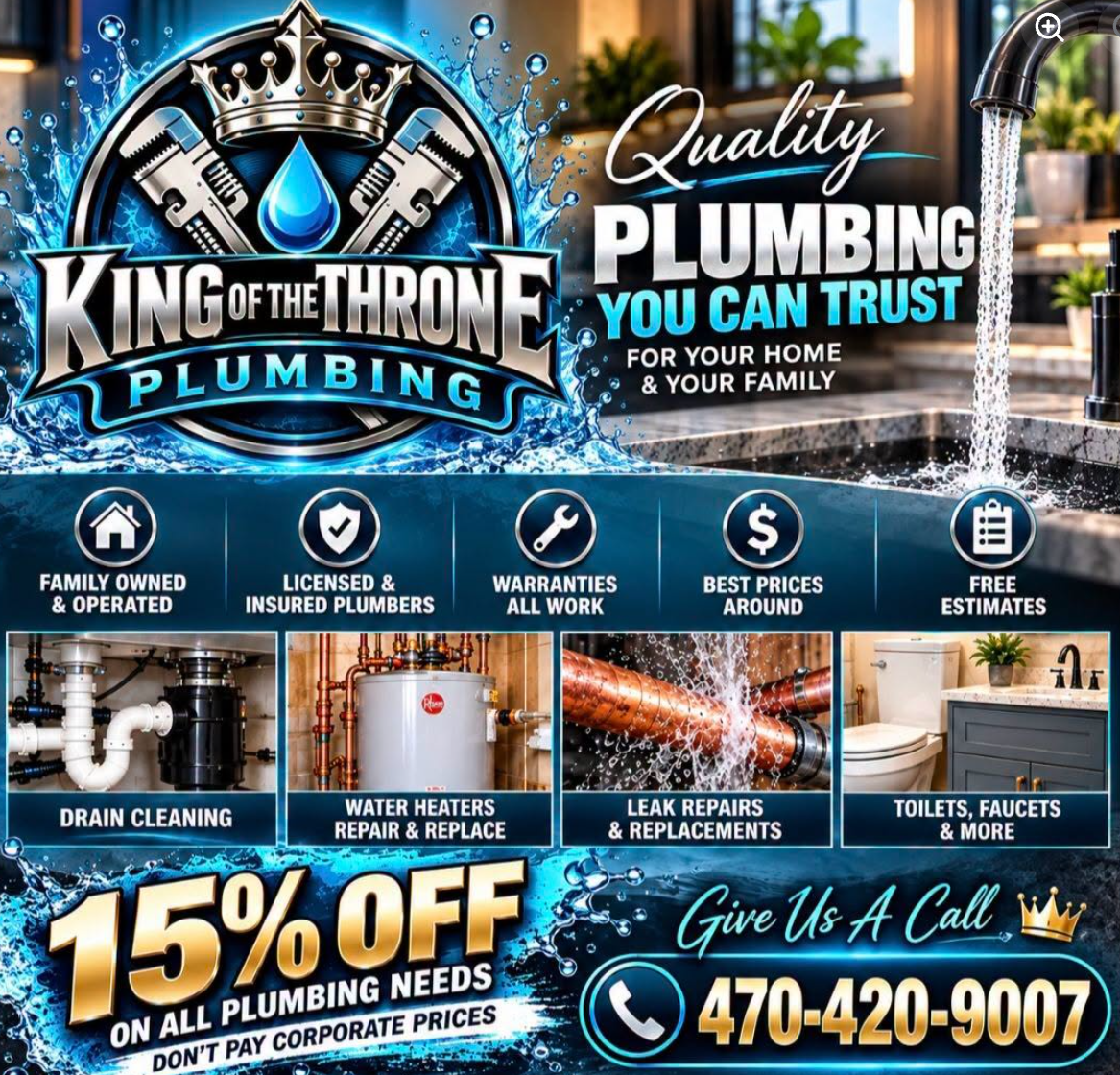 Plumbing flyer packed with metallic badges, icons and decorative water splashes