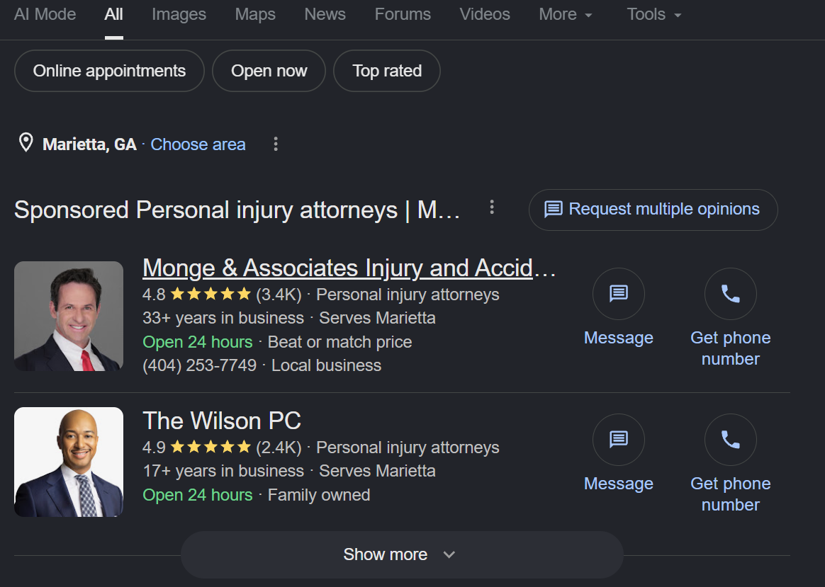Screenshot of Google testing larger Local Services Ads in dark mode search results