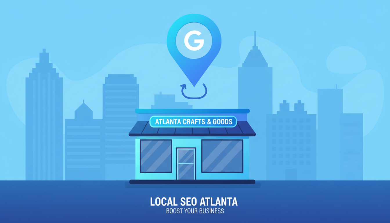 Illustration of a local business storefront with a Google Maps pin, representing local SEO