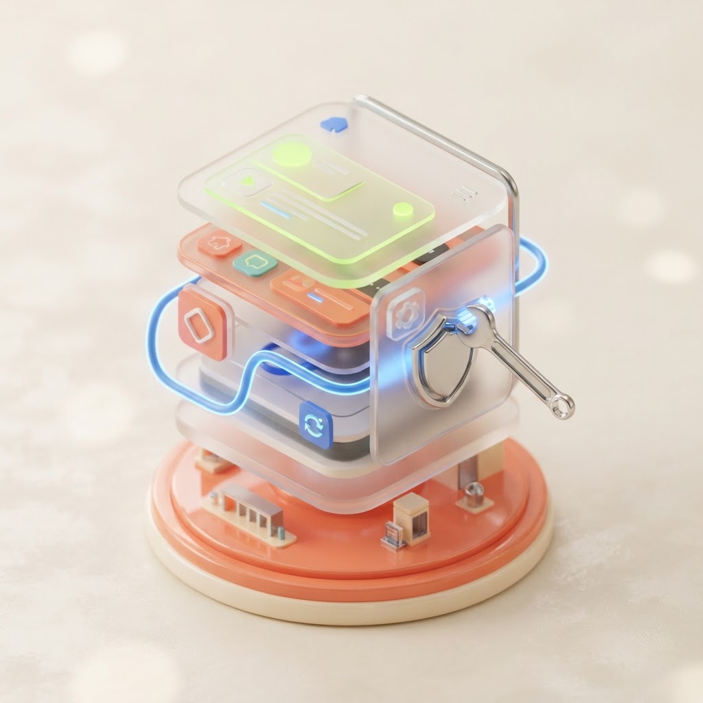 Isometric illustration of layered application panels with engineering and security tools
