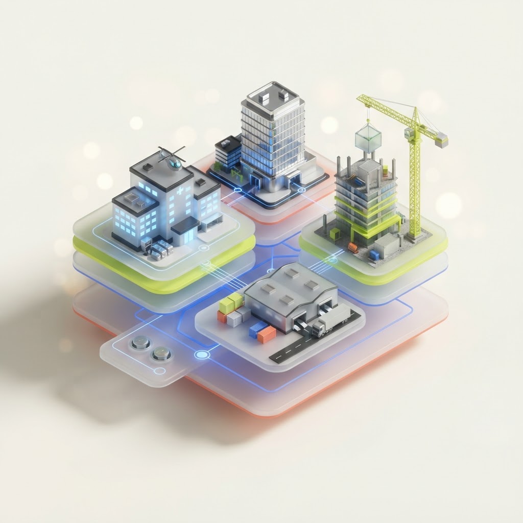 Isometric illustration of industry operations connected by one software system