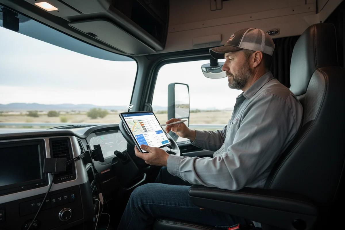 Driver using ETA app on a tablet inside a truck cab