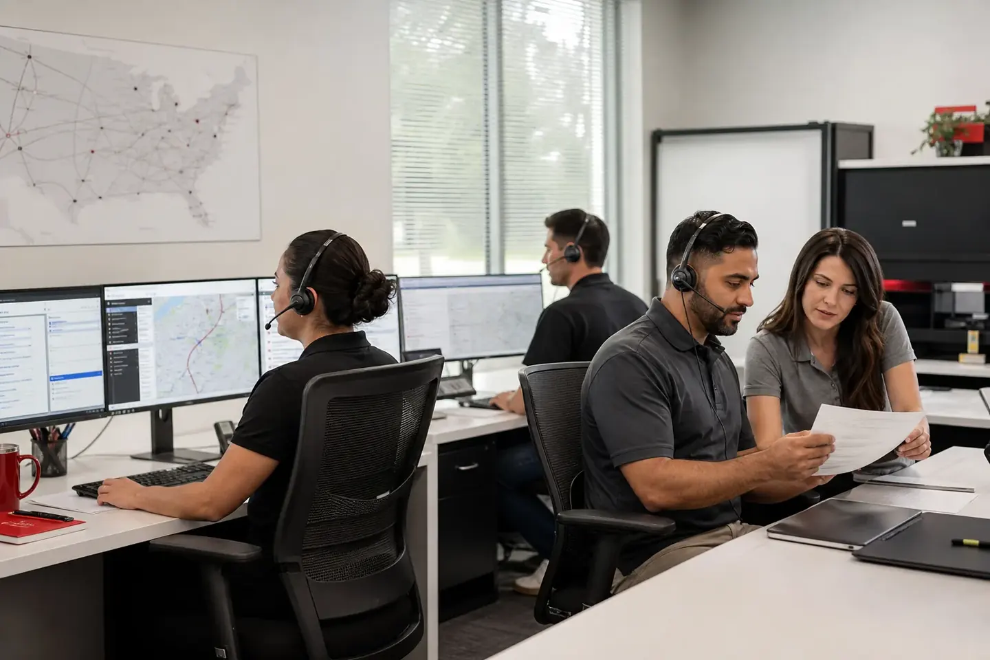 Modern dispatch office with dispatchers managing a fleet