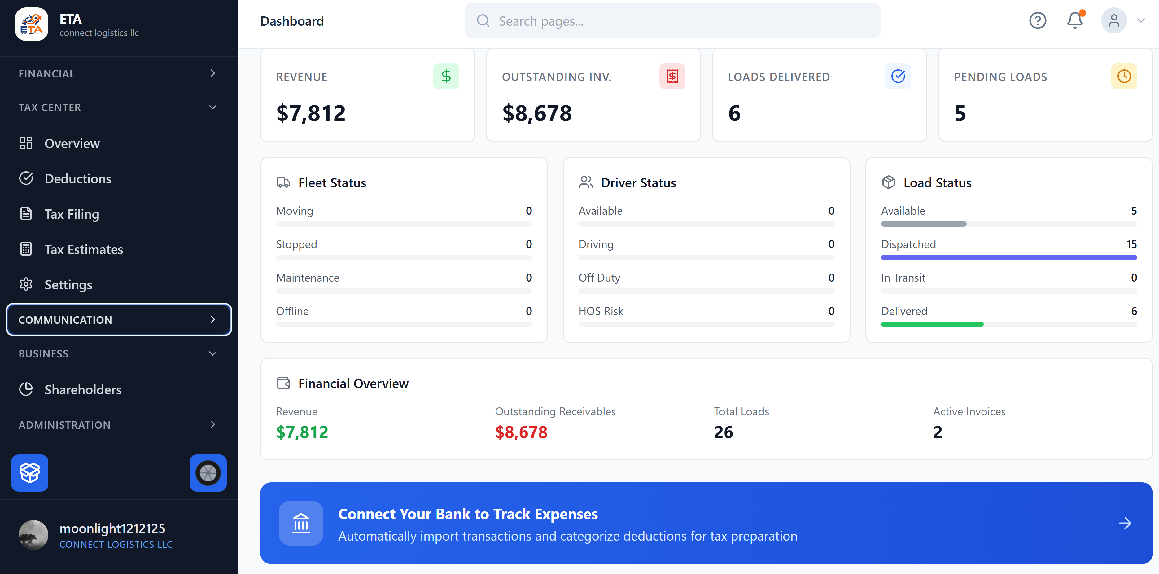 ETA dashboard with fleet, driver, and load status