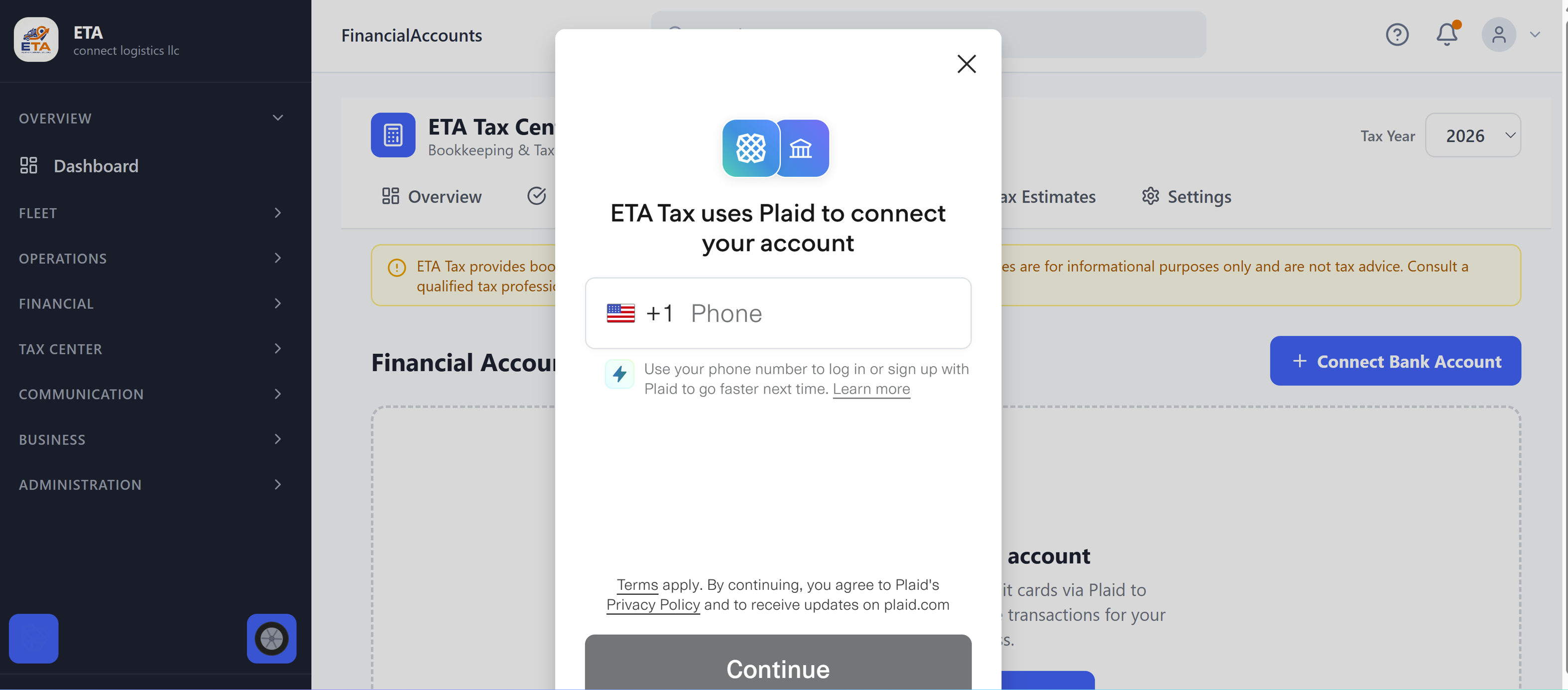 ETA Tax Center with Plaid bank connection