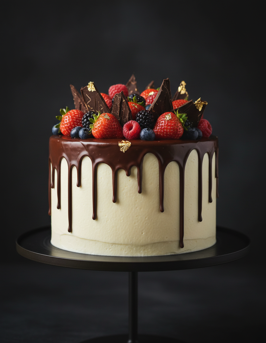 Luxury chocolate drip cake with berries and gold leaf