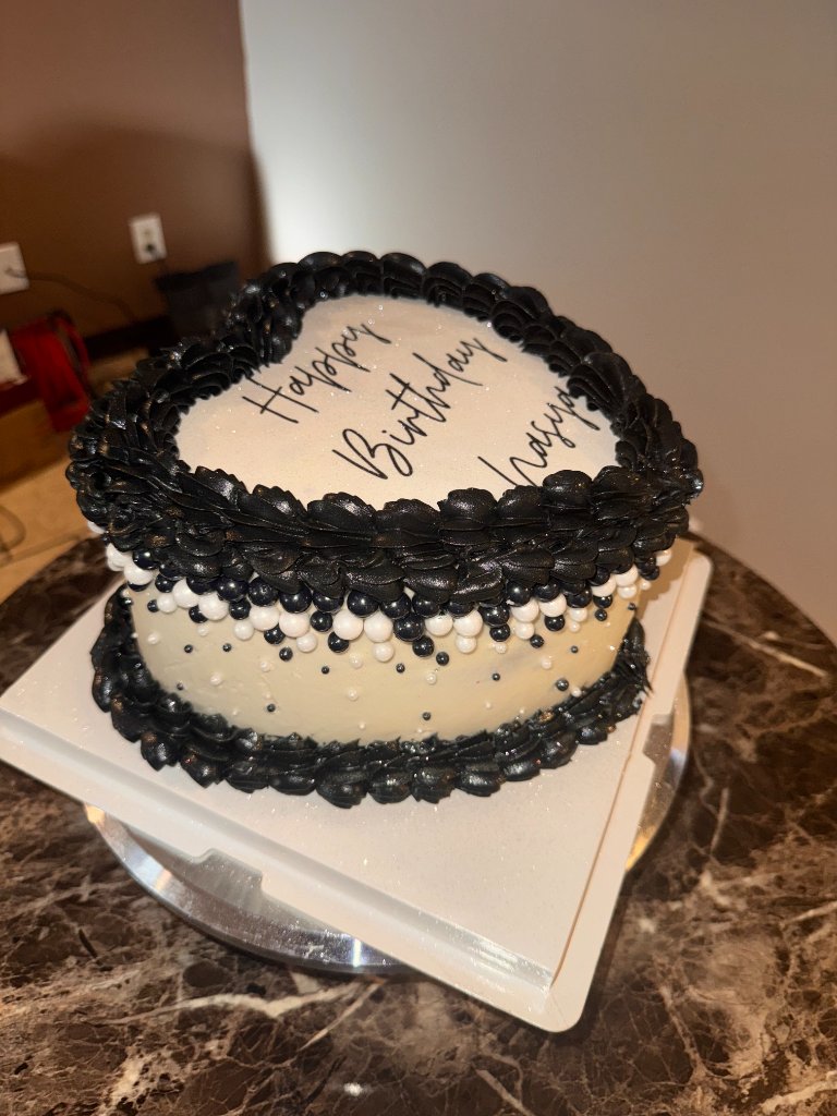Black and white birthday cake