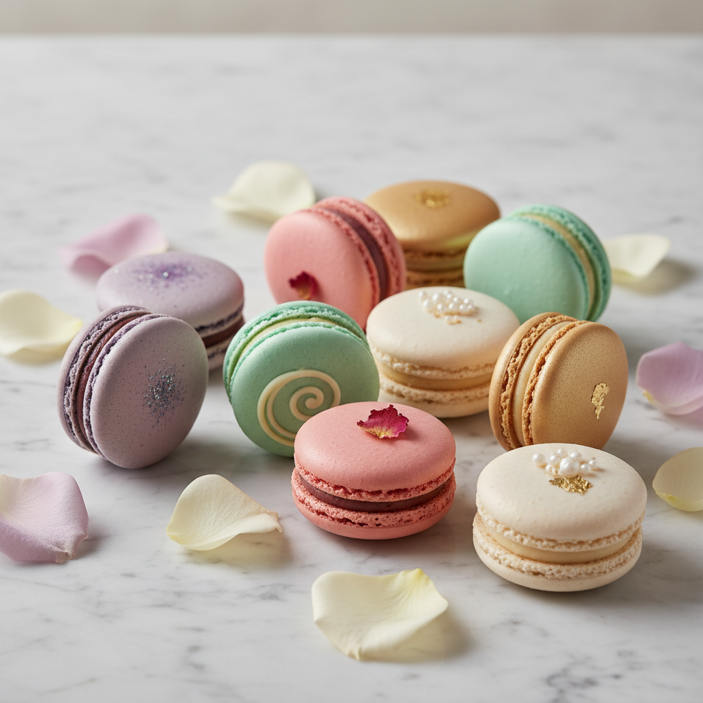 French macarons in pastel colors on marble