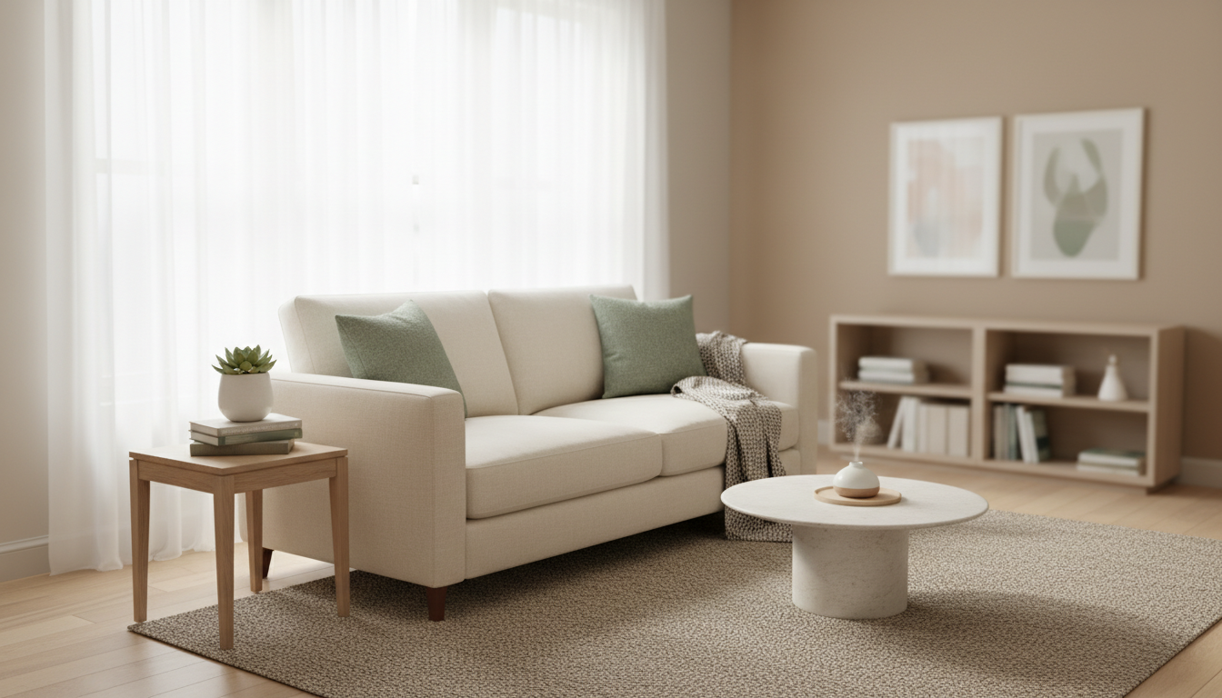 Peaceful therapy office with soft natural light and calming decor
