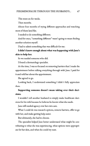 Interior page 67 from Perimenopause Through the Husband’s Eyes: The Co-Pilot’s Handbook, discussing support, professional care, and respecting a woman’s agency in her own healthcare decisions.