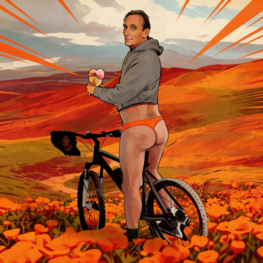 Steve — mountain bike, orange Speedos, ice cream, flower field