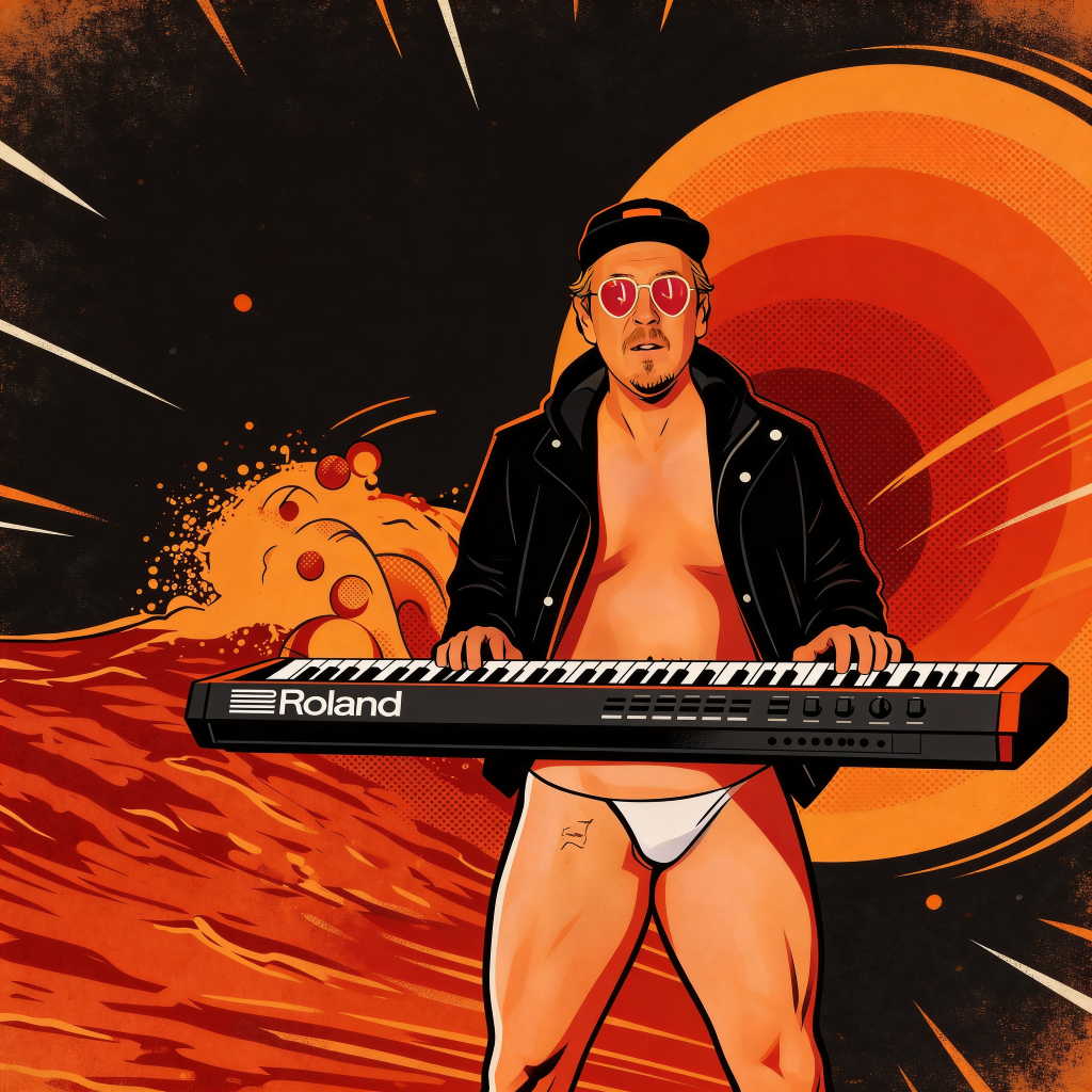 Hans Vermeulen — keyboard, white thong, Roland, rose-tinted glasses