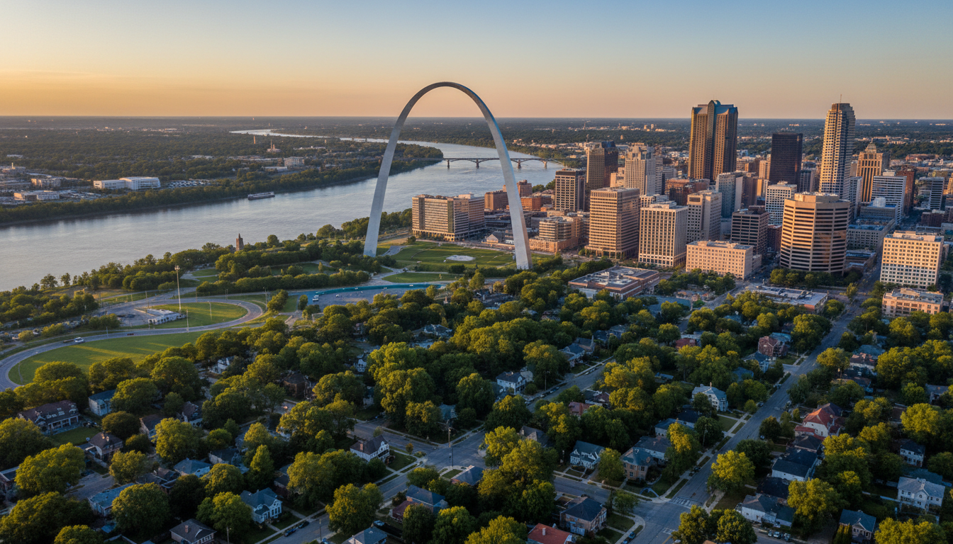 Aerial view of St. Louis Missouri skyline with Gateway Arch - STL Property Managers service area